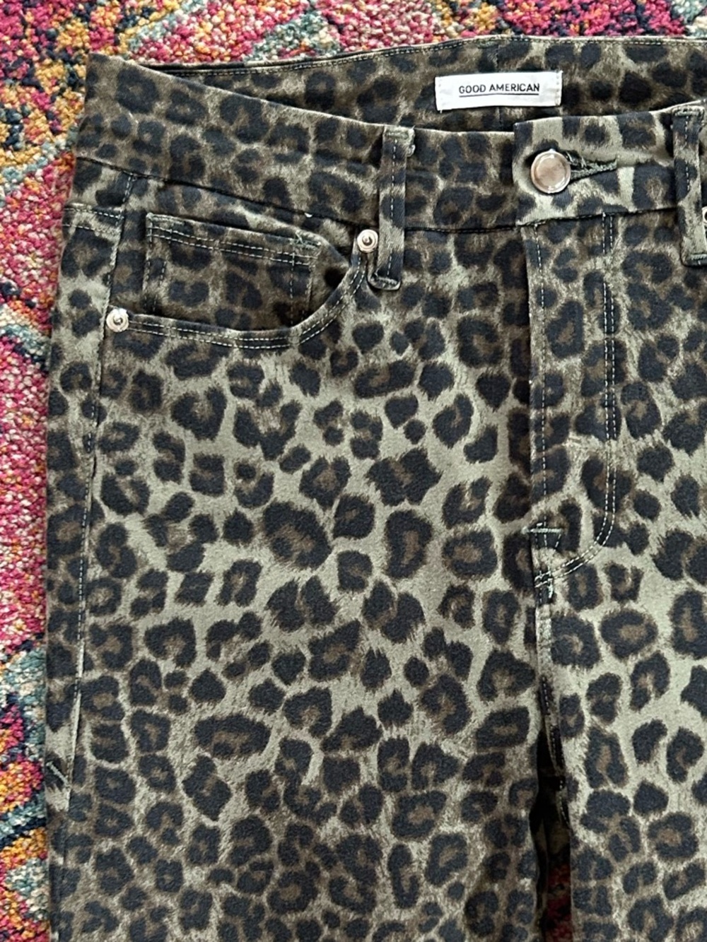 Good American | Women’s Olive Green/Black Leopard Print Good Waist Crop Jeans 28 - Picture 7 of 16